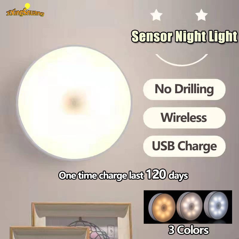 3 Colors Motion Sensor Light Wireless LED Night Light USB Rechargeable ...