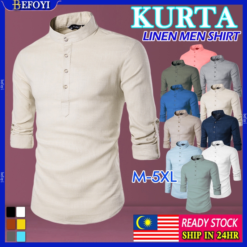 🔥Local Delivery🚚 Men Kurta Shirt Linen Plain Smart Casual Top Baju Raya ...
