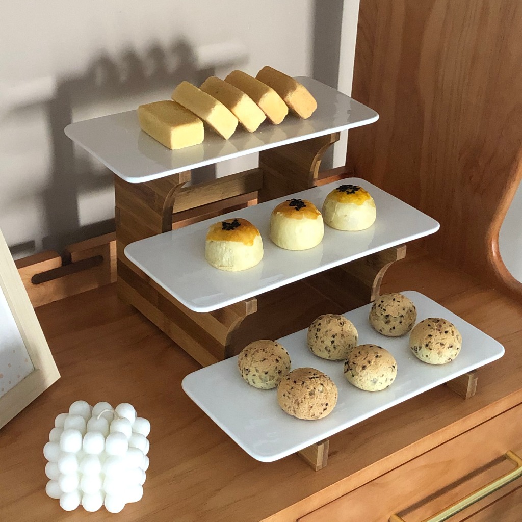 Ceramic dessert stand buffet server 3 tiers serving trays with bamboo ...