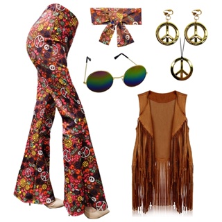 70s Outfits for Women Hippie Costume Set Boho Flared Pants Fringe Vest  Peace Sign Accessories Set Halloween Costumes for Women