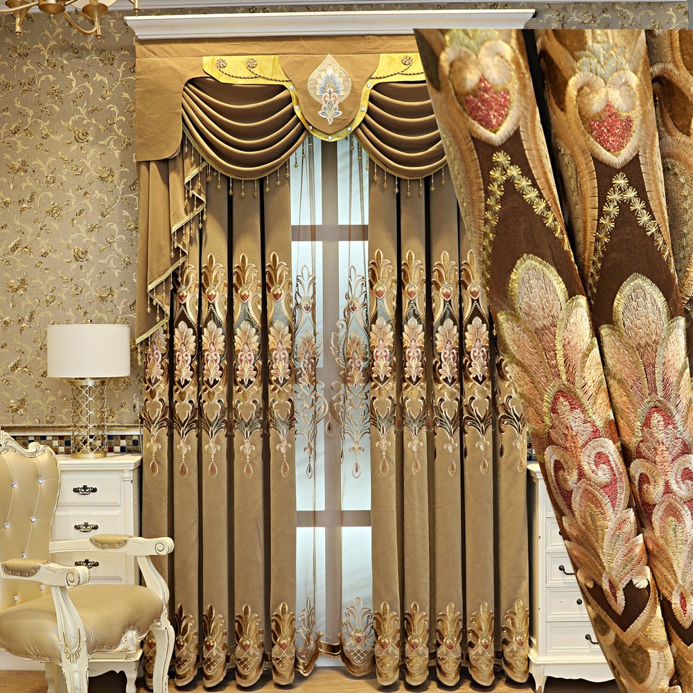 AnneyOneDecor Luxury Brown Chenille Curtain Embroidered European Semi