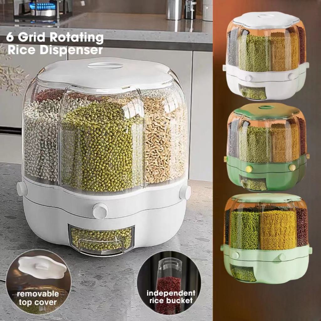 3 DAYS OFFER 6 Grid Rotating Rice Dispenser Rice Storage Bucket Rice ...