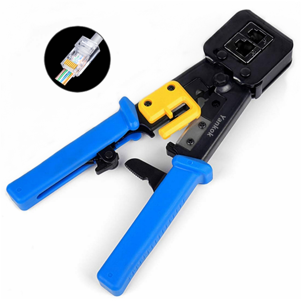 Yankok RJ45 RJ12 RJ11 Pass Through Crimper, Crimp Strip and Cut, Blue ...