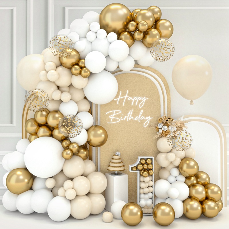 Sand White Gold Balloons Happy Birthday Balloons with Confetti Balloons ...