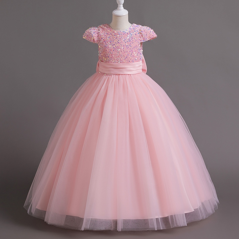 Girl Princess Long Dress Children's Pink Sequins ShortSleeved Party — free download