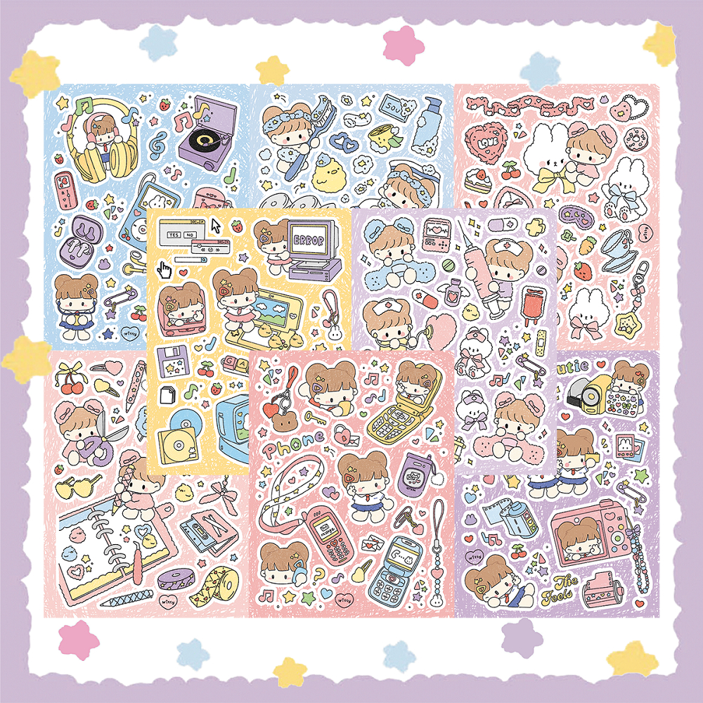 Korean Cute Kawaii Cartoon Girl Character Sticker Crayon Style Hand ...
