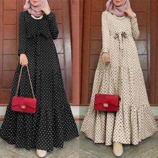 Baju Raya 2024 Viral Women Dress Muslimah Round Neck Long Sleeve Polka Dot Lace Up Breathable Fabric Shopee Malaysia