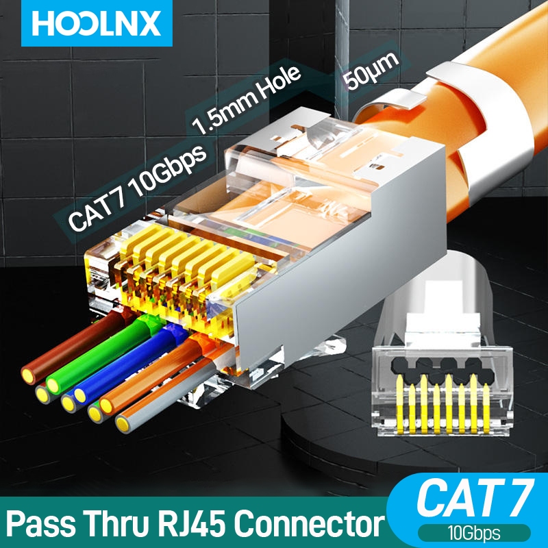 Hoolnx CAT7 RJ45 Pass Through Connectors 3 Prong CAT6A 50U Gold Plated ...