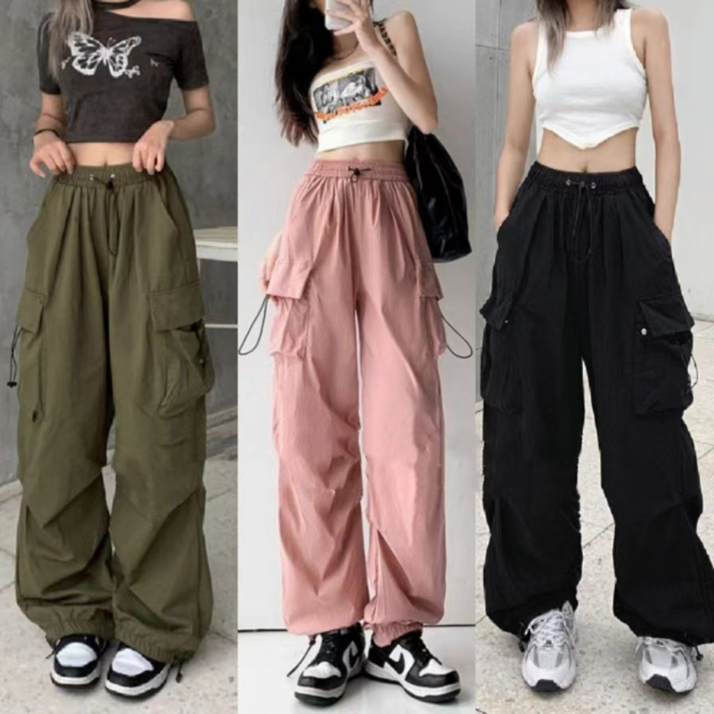 Cargo Pants Women Men Drawstring Pocket black Pants Long Pants Loose  Trousers seluar slack wanita
