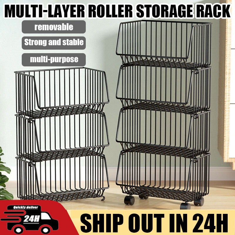 Kitchen Basket Rack Vegetable Spice Rack Storage Organizer with Wheel ...