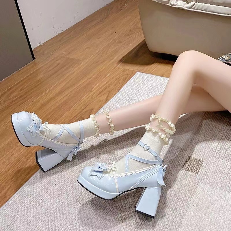 High Heels Lolita Thick Heels Thick Sole Waterproof Platform Blue Japanese Soft Girl Sweet and Cute Bow Shoes Shopee Malaysia