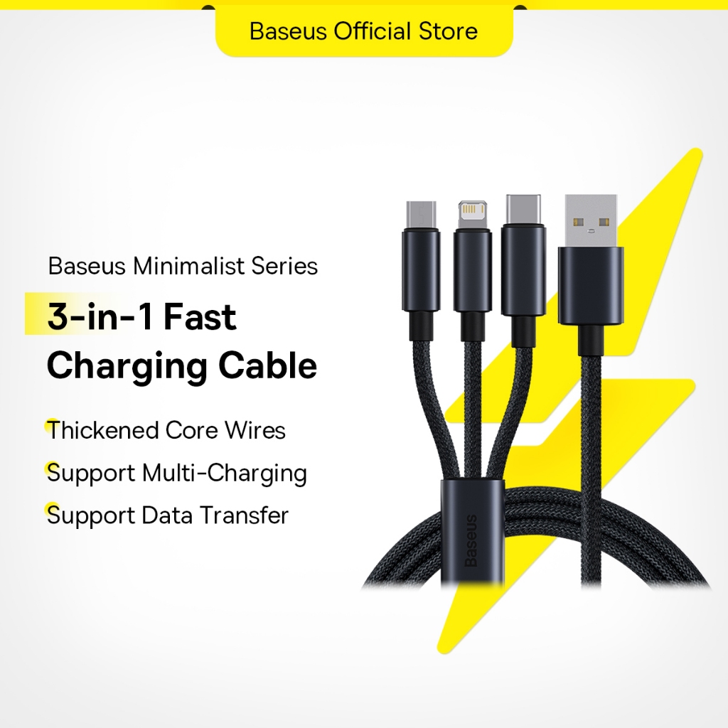 Baseus 3 in 1 Fast Charging Cable USB to M+C+L 3.5A Durable 1.2m Length ...