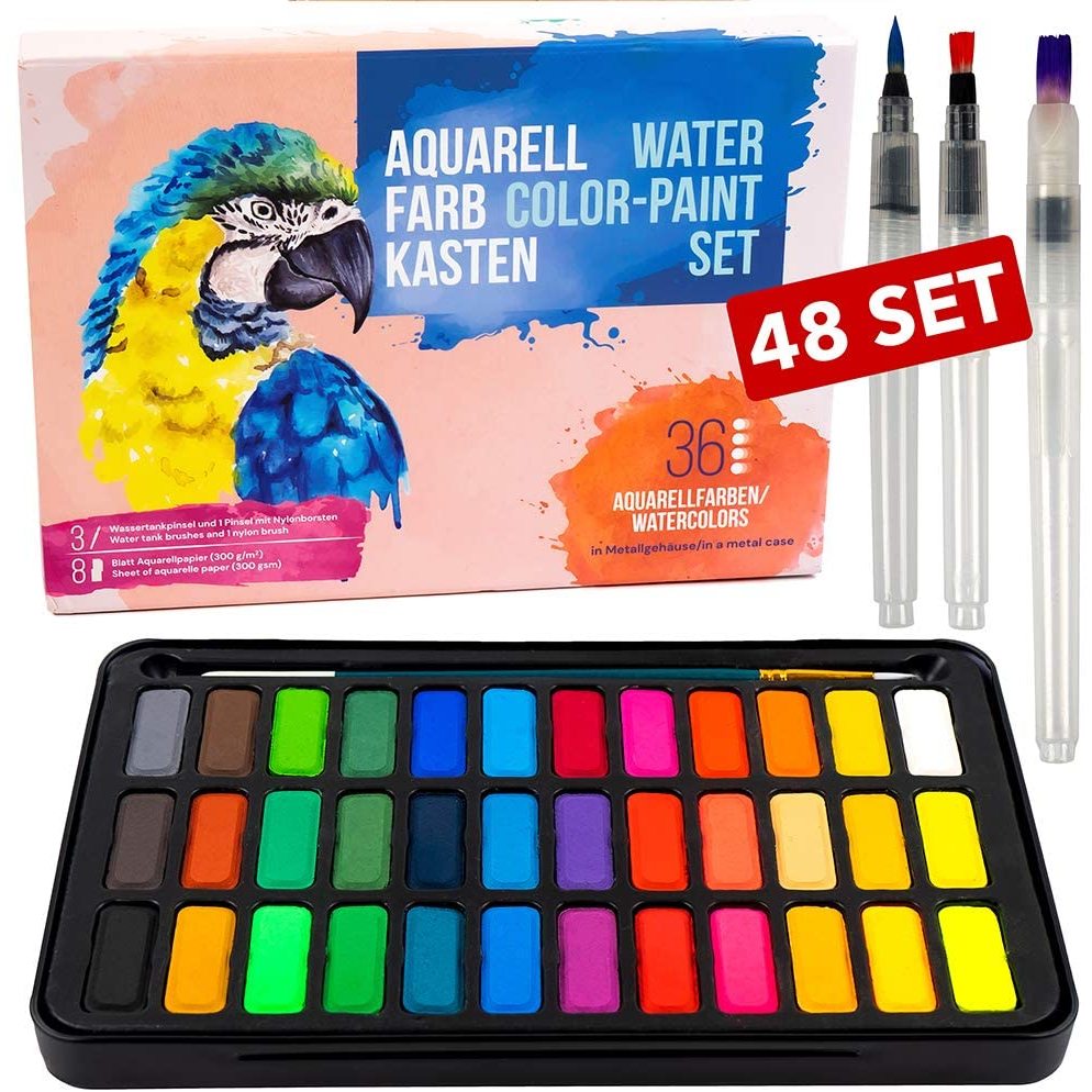 SeamiArt 36 Colors Solid Watercolor Set With 3 Pcs. Water Brush Pens ...