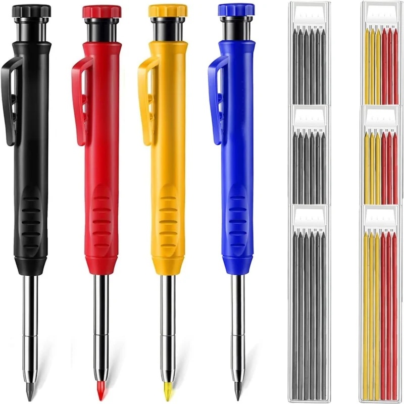 Deep Hole Solid Carpenter Pencil Set – With 6 Refill Leads, Construction Grade