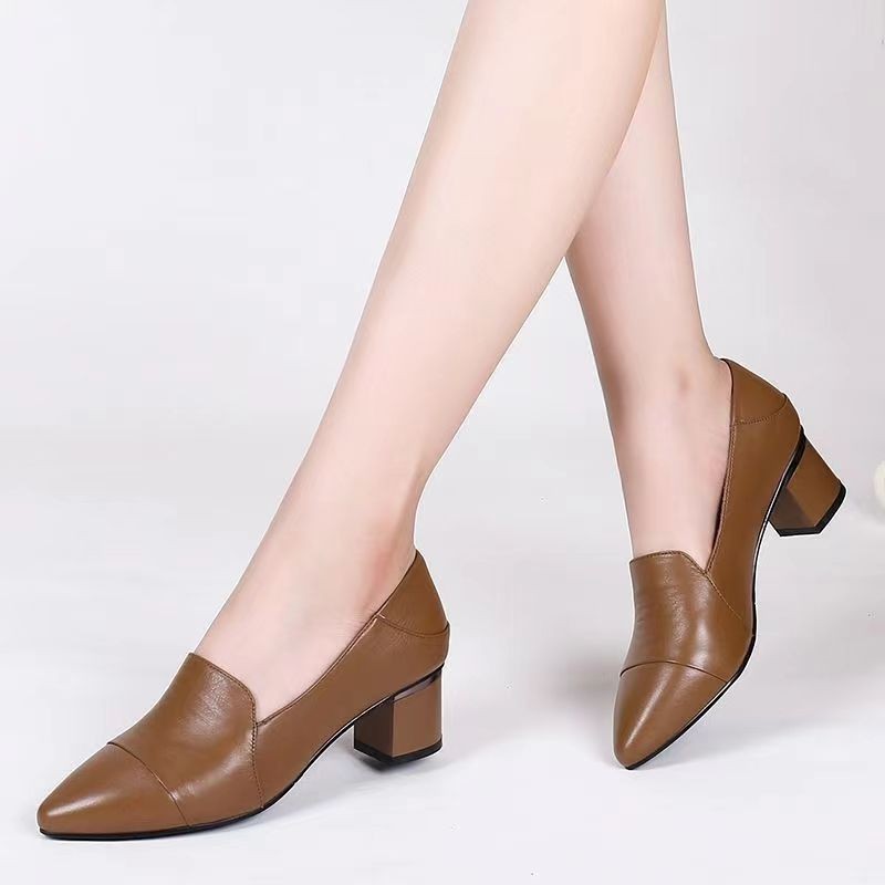 Women s Fashion Pointed toe Soft Leather Comfortable Thick Heel High Heels Shopee Malaysia