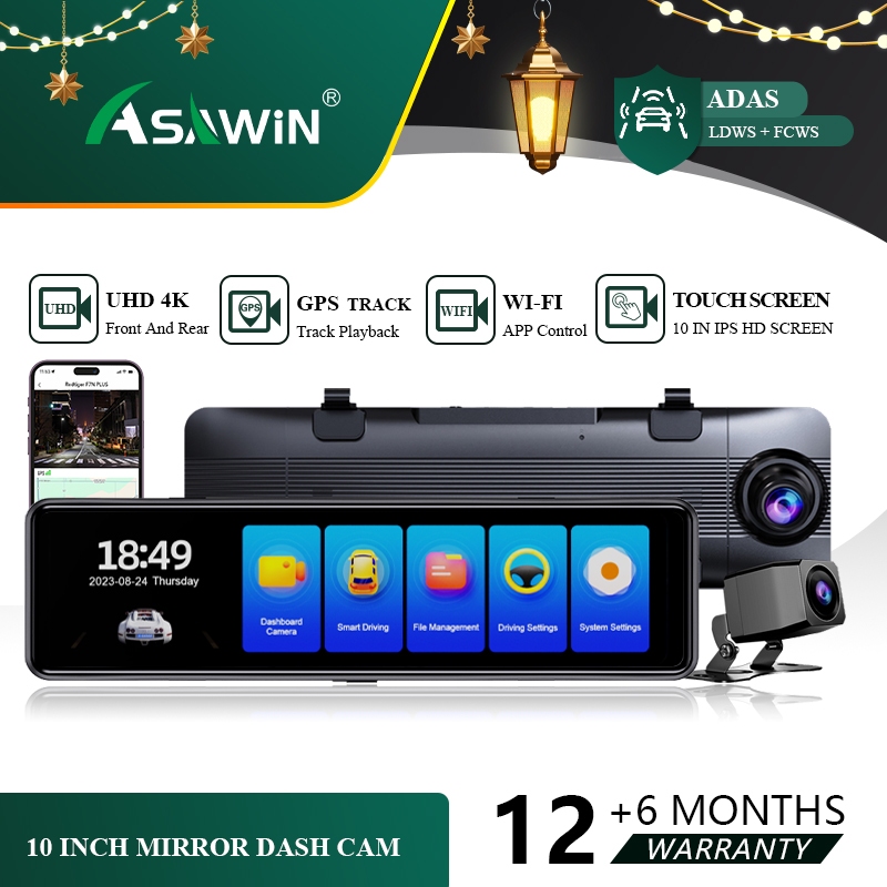 Asawin H109 4K WIFI Rear View Mirror Dashcam GPS ADAS Front And Back