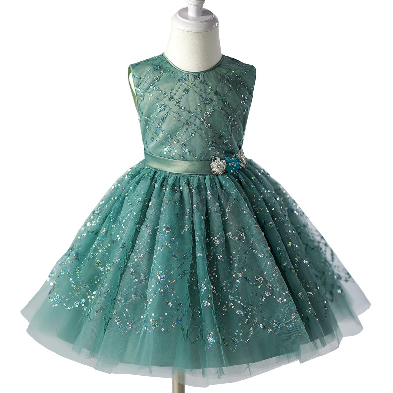 Emerald Green Dress For Kid Girls Sequins Princess Dresses Flower  Sleeveless 7th Birthday Party Gown | Shopee Malaysia