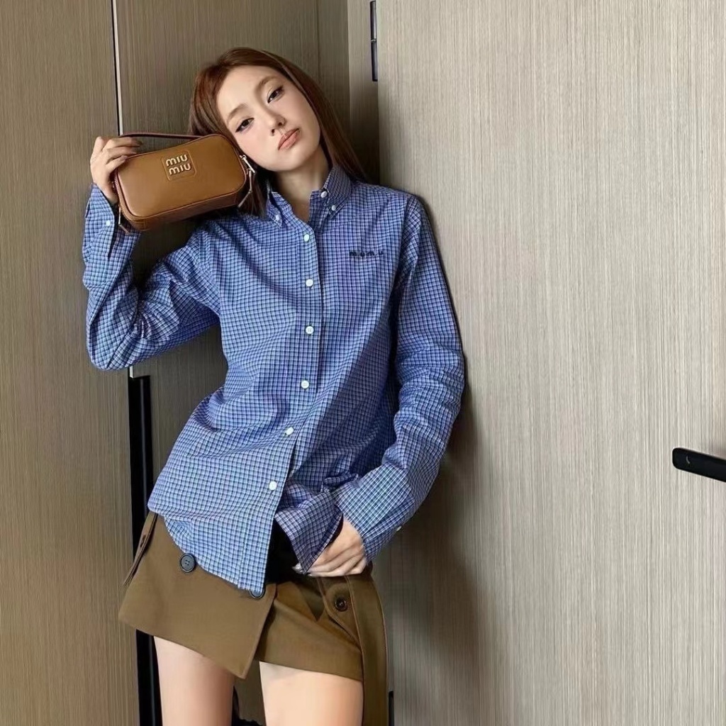 Miu Home Embroidered Letter Blue Plaid Shirt Women Japanese Style Fresh ...