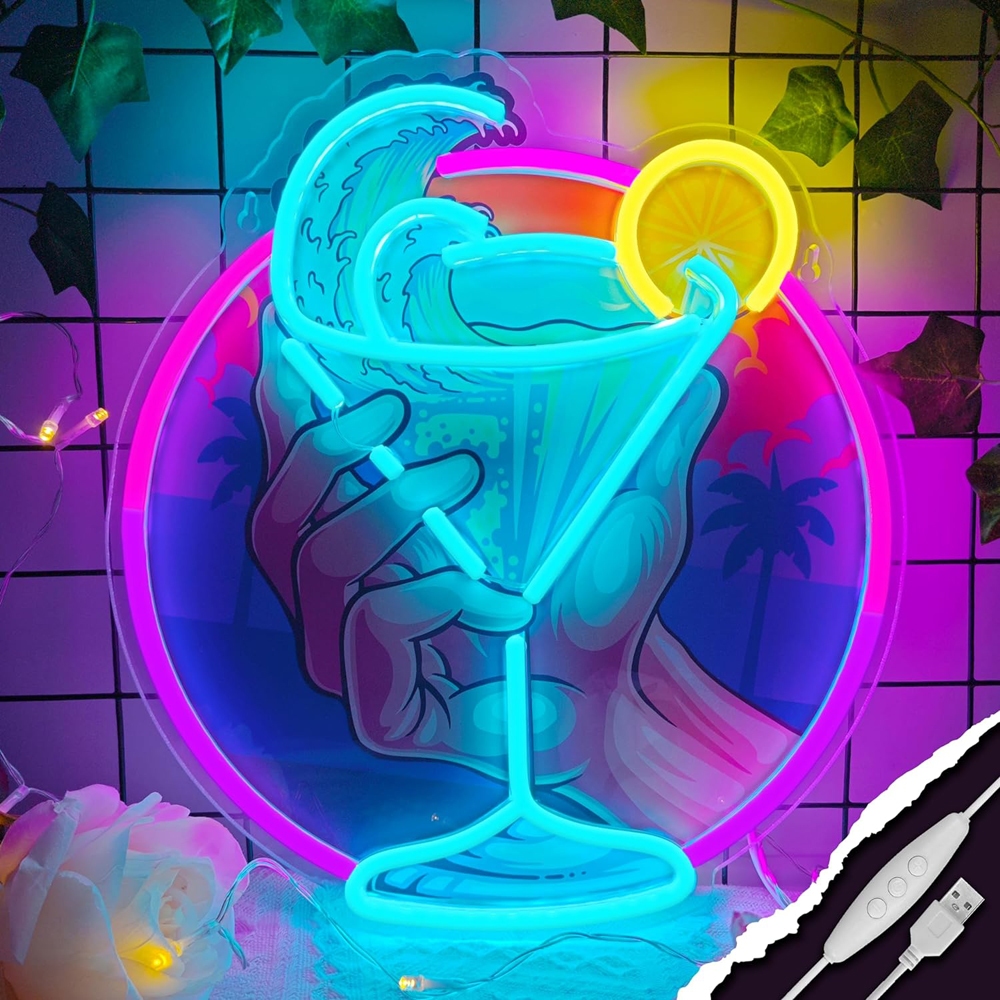 Cocktail in Hand Neon Light Powered by USB Dimmable Neon Lights Sign ...