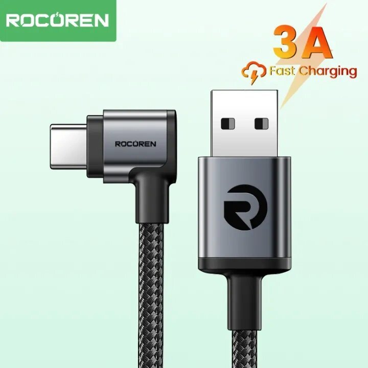 Rocoren USB to Type C Cable 3A 90 Degree Elbow Fast Charging Gaming ...