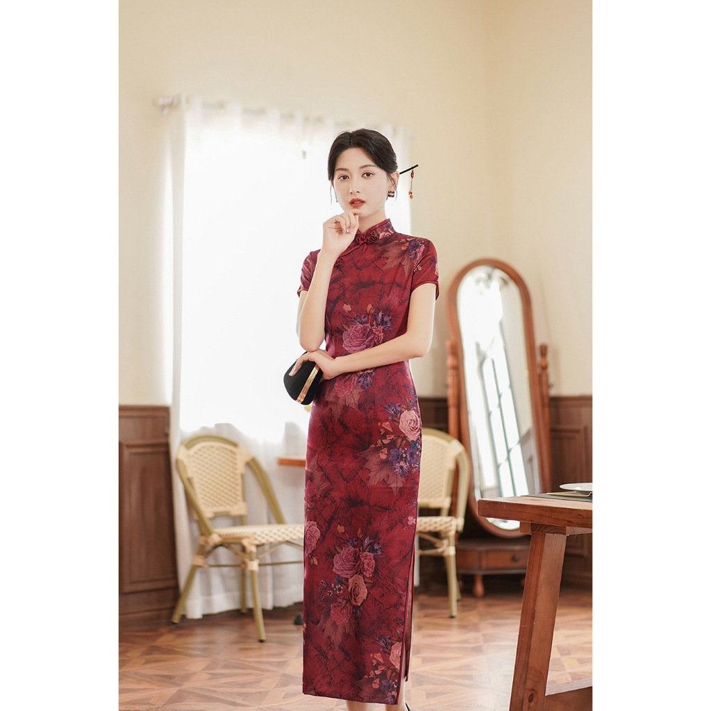 Satin Cheongsam Dress Long Vintage Chinese Traditional Short Sleeve Dresses Floral Slim Dress Qipao Shopee Malaysia
