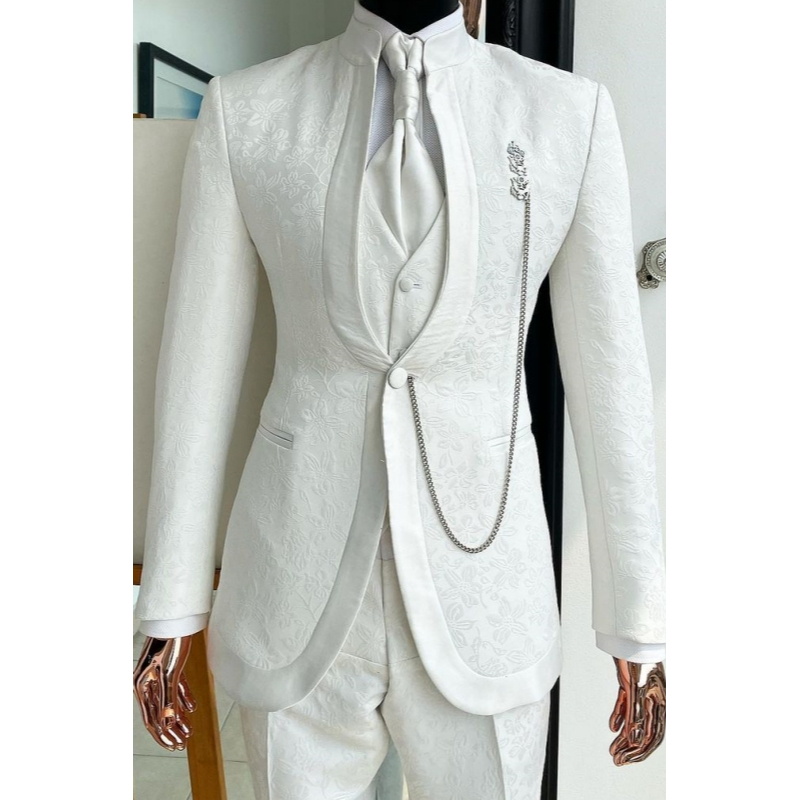 3 Piece Men White Jacquard Paisley Suit Shawl Lapel Slim Fit Groom ...