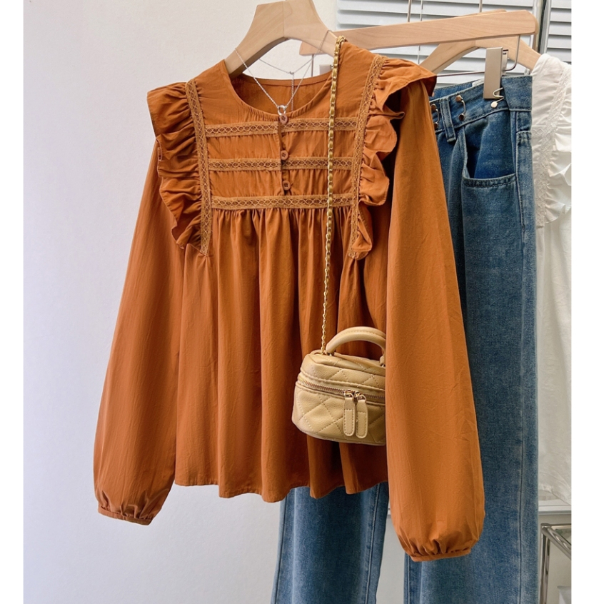 Korean Style Women Ladies Loose Ruffle Long Sleeve Shirt Blouse Baju ...