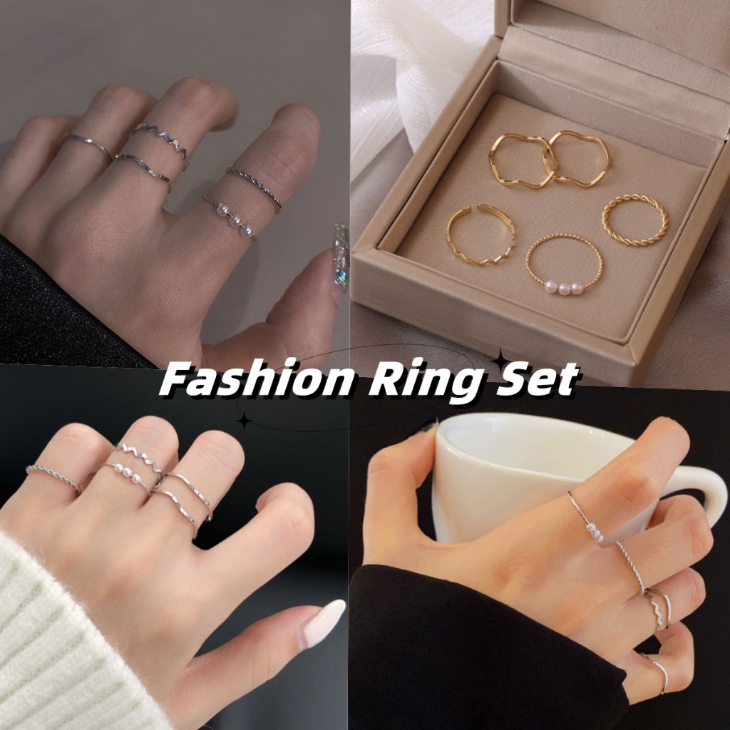 【Malaysia stock】5Pcs/Set Metal Ring Set Simple Luxury Pearl Geometry ...