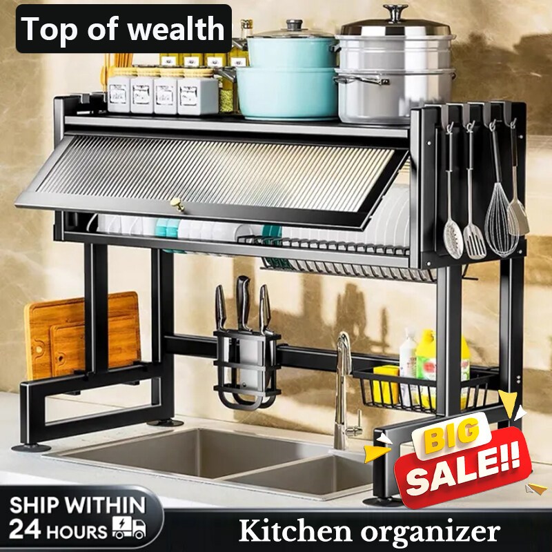 BIG Size Adjustable 3-Tier Dish rack with drainer Plate Drying Storage ...