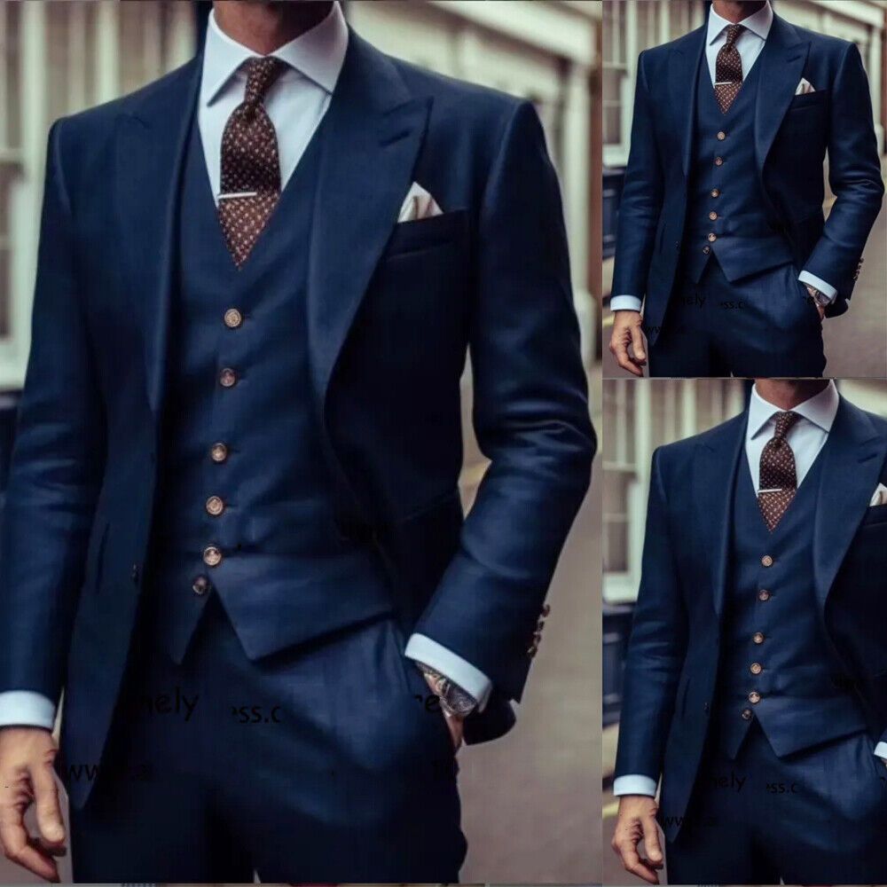 Men Navy Blue Suit 3 Piece Peak Lapel Formal Business Office Dinner ...