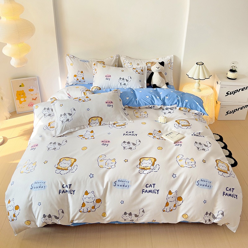 Cat Family 3/4in1 Bedding set Tempat Tidur Printed Bedsheet Pillowcase ...