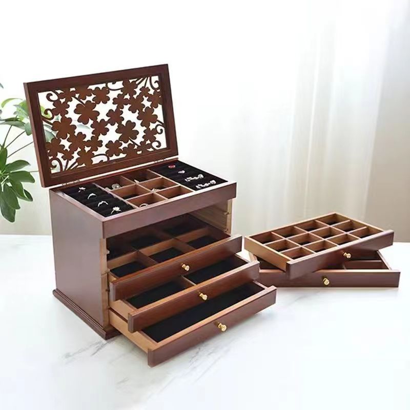 Wooden Jewelry Box Multi-Layer with Mirror Necklace Jewelry Storage Box ...