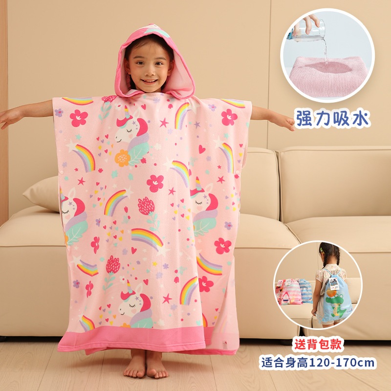 Kids Cartoon Hooded Poncho Bathrobe Swimming Beach Towel Children