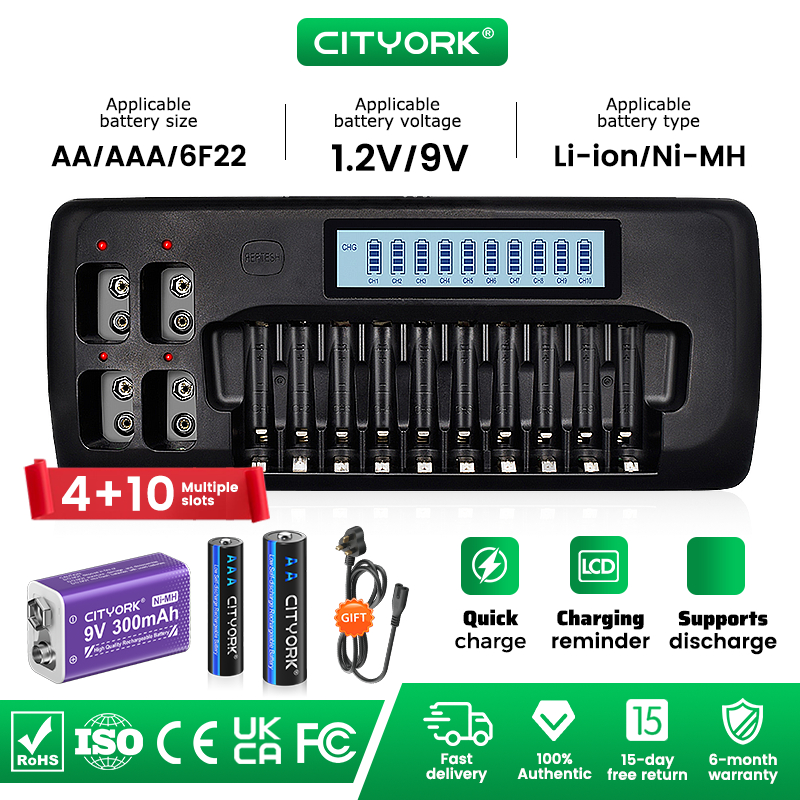 Kit CITYORK Caricabatterie Triplo + 3 Batterie 2400mAh 3.85V Per Fotocamere – Display LCD, Ricarica USB Type-C