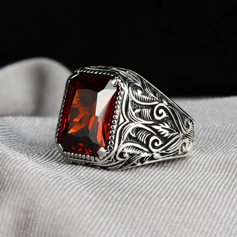 New Men's Vintage Ring Set with Square Ruby Men's Fashion Silver Ring ...