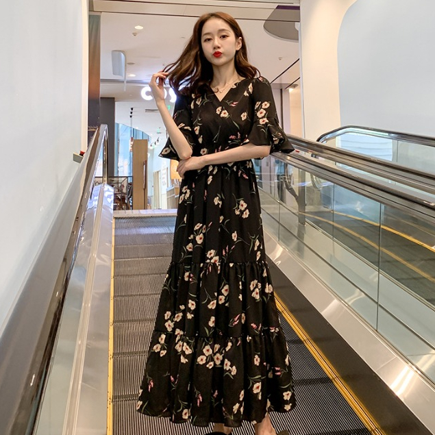Summer New V-neck Flare Sleeves Vacation Fragmented Flower Dress Retro ...