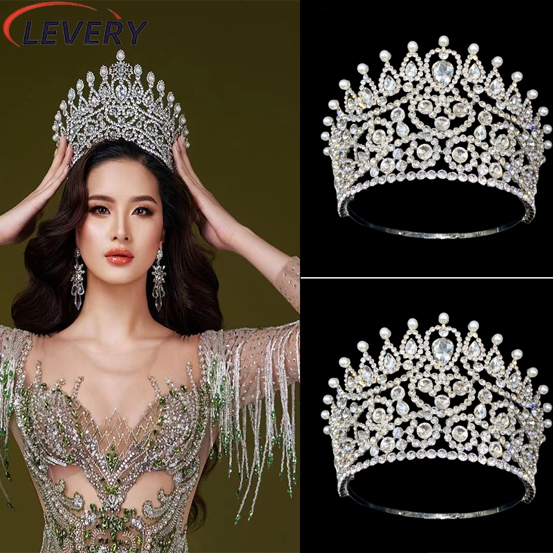 Levery 2024 New Rhinestone Crystal Queen Big Crown Bridal Wedding Tiara ...