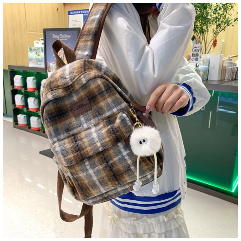 Checkered Student Backpack Woolen Cloth Retro School Bag for Teenage ...