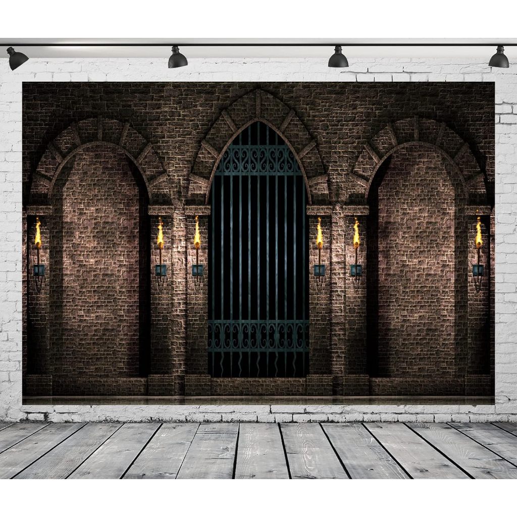 15x10ft Gothic Castle Photography Backdrop - Medieval Stone Wall With Arches & Torches