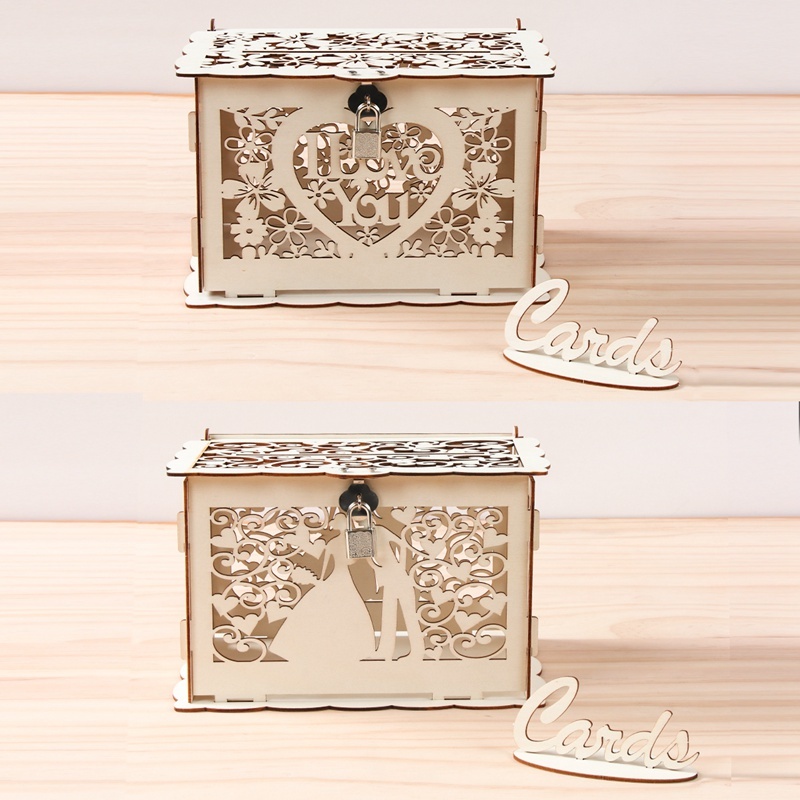 Wooden DIY Wedding Card Box with Card Sign Gift Box Money Envelop Boxes ...