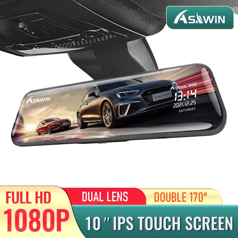 Asawin 24 Hours Night Vision Full Screen Dual Lens Rearview Mirror Dash Cam Recorder HD 1080P