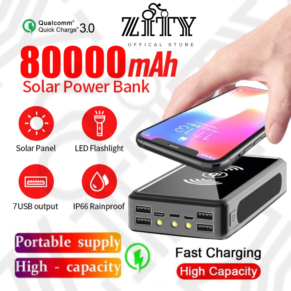 ZITY Wireless Charging 80000mAh Power Bank Solar Portable Phone