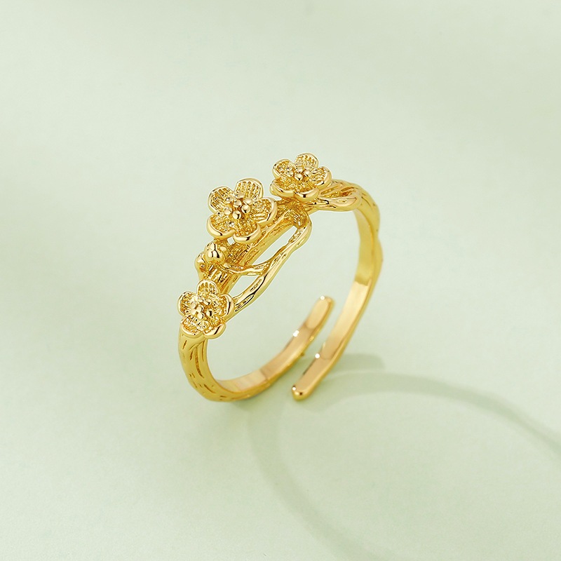 Three Flowers Inlaid Gold Ring 3D Hard Gold Opening Adjustable Ring ...