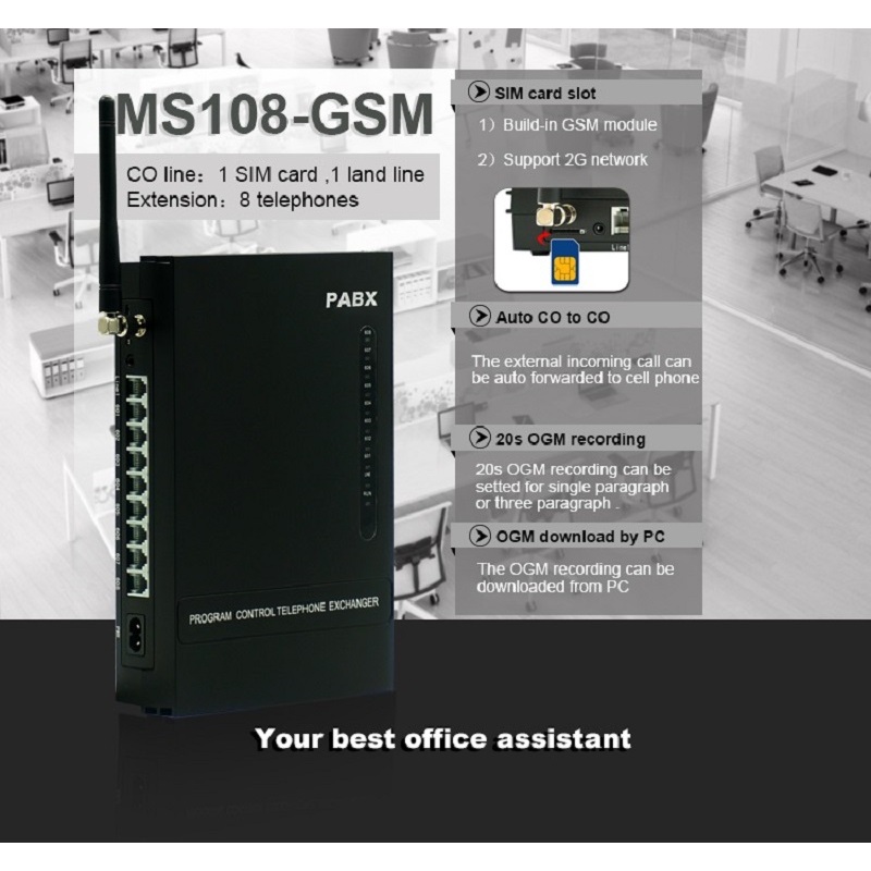 Mini smart PABX telephone switch system MS108gsm with 1 SD