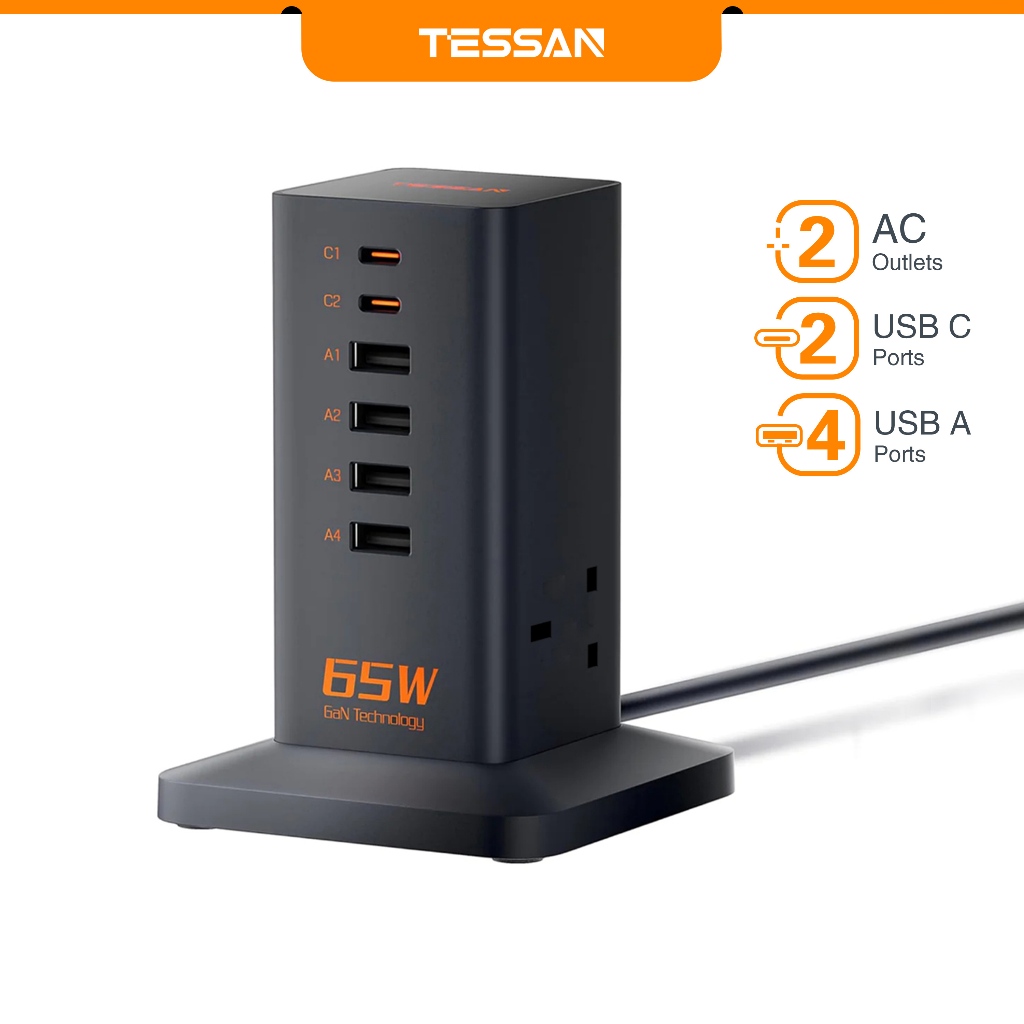 TESSAN 65W USB C Charger with 2 Type C 4 USB Charging Station with iPhone/iPad/AirPod/Tablets Phone