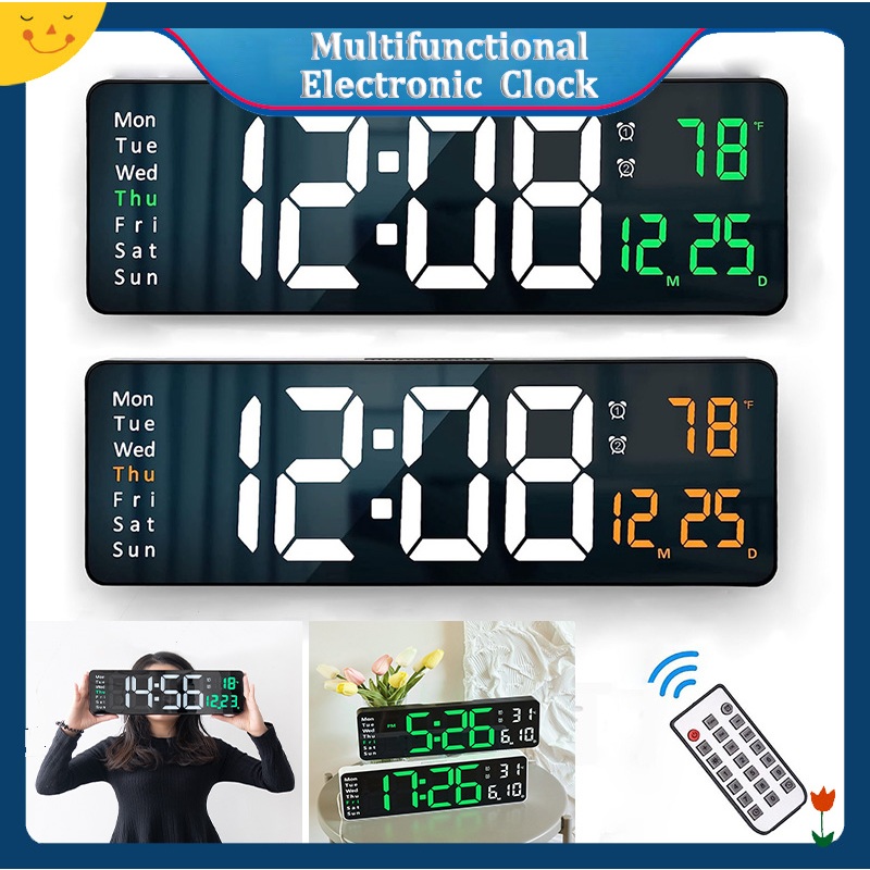 16”LED Digital Wall Clock Large Display Temperature and Humidity Night ...