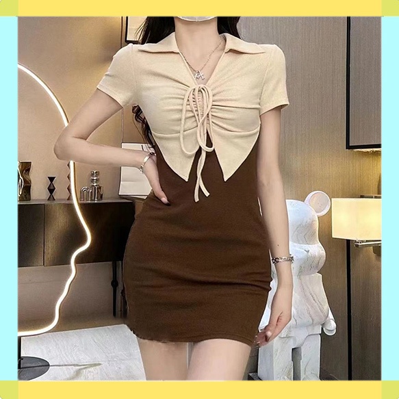 New Polo Collar Sexy Hip-Hugging 2024 Summer Slim-Fitting Slit Splicing ...