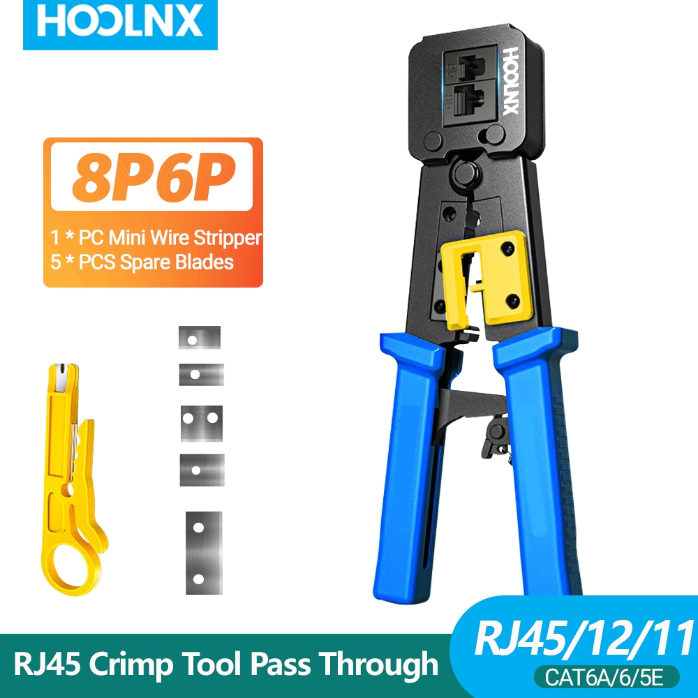 HOOLNX RJ45 Crimp Tool Pass Through Ethernet Crimper Cutter Stripper ...