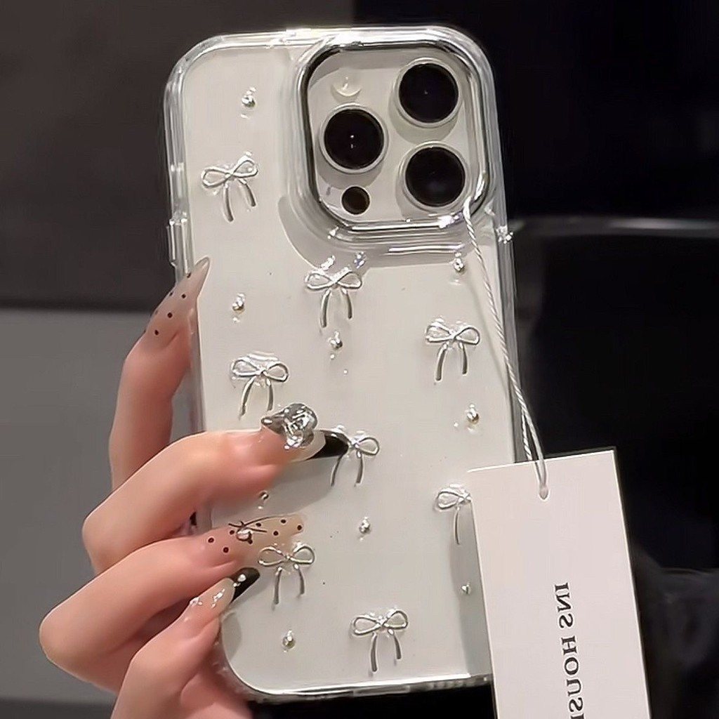 Cute Metal Bowknot Transparent Glitter Phone Case Compatible for iPhone