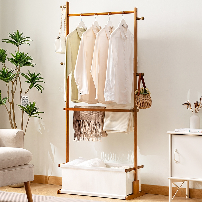 Bamboo Clothes Rack with Storage Box, Garment Rack Clothing Racks for ...
